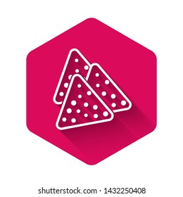White Nachos icon isolated with long shadow. Tortilla chips or nachos tortillas. Traditional mexican fast food. Pink hexagon button. Vector Illustration
