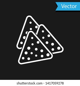 White Nachos icon isolated on black background. Tortilla chips or nachos tortillas. Traditional mexican fast food. Vector Illustration