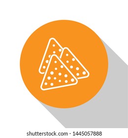 White Nachos icon isolated on white background. Tortilla chips or nachos tortillas. Traditional mexican fast food. Orange circle button. Vector Illustration