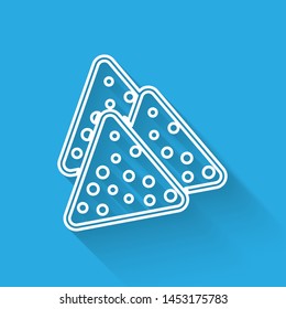 White Nachos line icon isolated with long shadow. Tortilla chips or nachos tortillas. Traditional mexican fast food. Vector Illustration