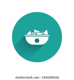 White Nachos in plate icon isolated with long shadow. Tortilla chips or nachos tortillas. Traditional mexican fast food menu. Green circle button. Vector Illustration