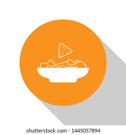 White Nachos in plate icon isolated on white background. Tortilla chips or nachos tortillas. Traditional mexican fast food. Orange circle button. Vector Illustration