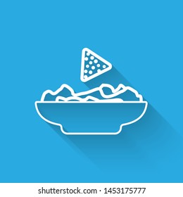 White Nachos in plate line icon isolated with long shadow. Tortilla chips or nachos tortillas. Traditional mexican fast food. Vector Illustration