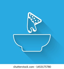 White Nachos in plate line icon isolated with long shadow. Tortilla chips or nachos tortillas. Traditional mexican fast food. Vector Illustration