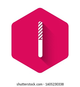 White Nail file icon isolated with long shadow. Manicure tool. Pink hexagon button. Vector Illustration