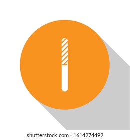 White Nail file icon isolated on white background. Manicure tool. Orange circle button. Vector Illustration
