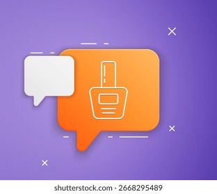 Icono de botella de esmalte de uñas blanco aislado sobre fondo púrpura. Símbolo de burbuja de discurso naranja. Vector