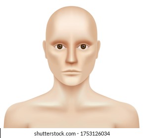 White Naked Hairless Man Looking At The Camera. Caucasian Man Without Hair And Eye Brows, Isolated On A White Background. Leukemia Or Cancer Patient Realistic Vector Illustration. 