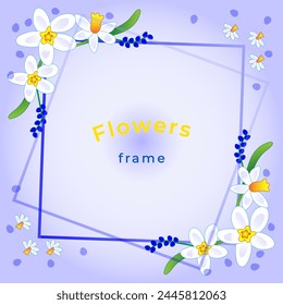 White narcissus flowers decorative frame for photo or text in a hand-drawn style.