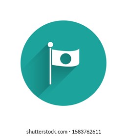 White National flag of Japan on pole icon isolated with long shadow. Metal flagpole. Green circle button. Vector Illustration