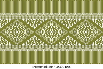 White Native or Tribal Seamless Pattern on Green Background in Symmetry Rhombus Geometric Bohemian Style for Clothing or Apparel,Embroidery,Fabric,Package Design