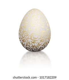 White natural color realistic egg with golden metallic floral pattern. Isolated on white background with reflection. Vintage banner, card, poster for Easter, business benefit concept