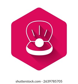 White Natural open shell with pearl icon isolated with long shadow background. Scallop sea shell. Seashell sign. Pink hexagon button. Vector