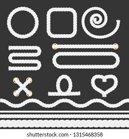 White Nautical Rope Set on a Dark Background. Vector