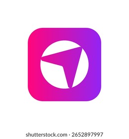 Um ponteiro de navegação branco é centralizado dentro de um recorte circular em um plano de fundo quadrado arredondado, apresentando um gradiente rosa-roxo vibrante, ideal para ícones de aplicativo