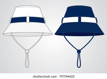 White and Navy Bucket Hat Design with Cord and Stopper Toggle Vector.