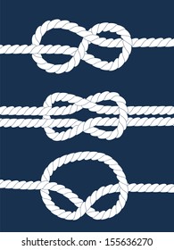White navy rope with nautical knots on dark blue background, vector