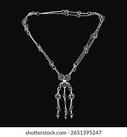 Colar branco com uma corrente delicada e um medalhão central, com um detalhe elegante borla. A peça é lindamente exibida em um fundo preto sólido para um contraste impressionante.
