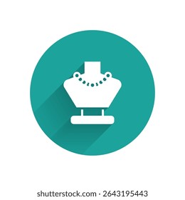 White Necklace on mannequin icon isolated with long shadow background. Green circle button. Vector