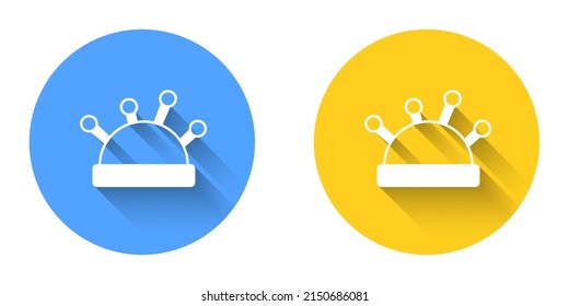 White Needle bed and needles icon isolated with long shadow background. Handmade and sewing theme. Circle button. Vector