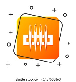 White Needle for sewing icon isolated on white background. Tailor symbol. Textile sew up craft sign. Embroidery tool. Orange square button. Vector Illustration