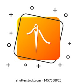 White Needle for sewing with thread icon isolated on white background. Tailor symbol. Textile sew up craft sign. Embroidery tool. Orange square button. Vector Illustration