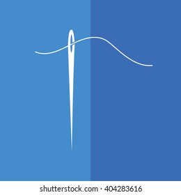 White needle and thread icon vector illustration. Blue background