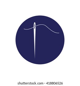 White needle and thread vector icon illustration. Blue circle. Blue button