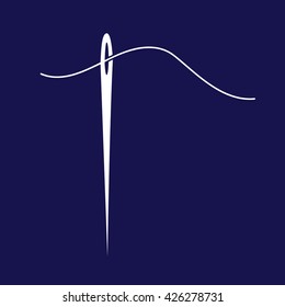 White needle and thread vector icon illustration. Blue background