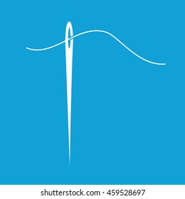 White needle and thread vector icon illustration. Blue background