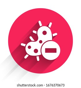 White Negative virus icon isolated with long shadow. Corona virus 2019-nCoV. Bacteria and germs, cell cancer, microbe, fungi. Red circle button. Vector Illustration