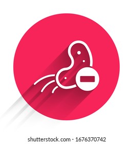 White Negative virus icon isolated with long shadow. Corona virus 2019-nCoV. Bacteria and germs, cell cancer, microbe, fungi. Red circle button. Vector Illustration