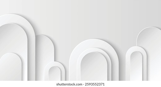 White neomorphic background with overlapping arches. 3d realistic minimalist monochrome design for modern ui. Clean graphic layout with layered paper arc for business presentation or infographic.