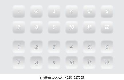 Boutons néomorphiques blancs avec nombres. 1 à 12 points