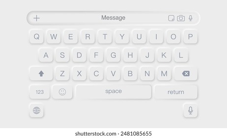 White Neomorphic and Neumorphic Mobile Keyboard Mockup for Messaging Apps. Vector Illustration.