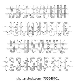 White Neon Casual Script Font with uppercase letters from A to Z and digits from 0 to 9 with wires, tubes, brackets and holders black strokes isolated on white background. Vector illustration.