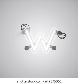 White neon character from a font set on a gray background, vector illustration