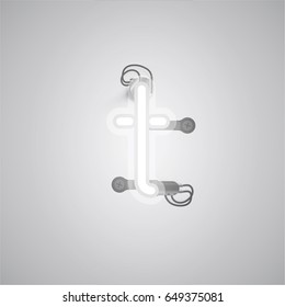 White neon character from a font set on a gray background, vector illustration