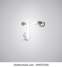White neon character from a font set on a gray background, vector illustration