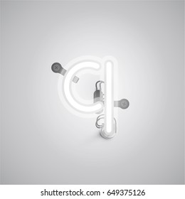 White neon character from a font set on a gray background, vector illustration