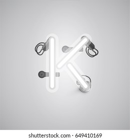 White neon character from a font set on a gray background, vector illustration