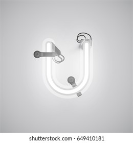 White neon character from a font set on a gray background, vector illustration