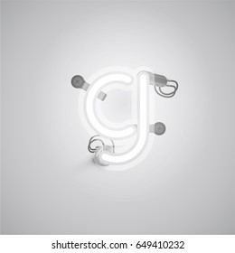 White neon character from a font set on a gray background, vector illustration