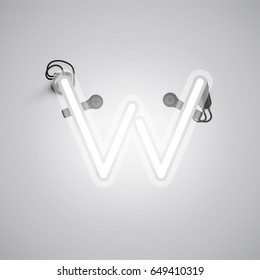 White neon character from a font set on a gray background, vector illustration