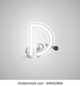 White neon character from a font set on a gray background, vector illustration