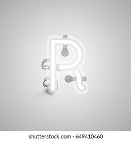 White neon character from a font set on a gray background, vector illustration