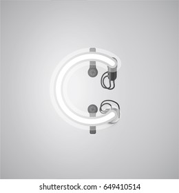 White neon character from a font set on a gray background, vector illustration