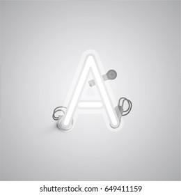 White neon character from a font set on a gray background, vector illustration