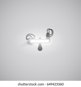 White neon character from a font set on a gray background, vector illustration
