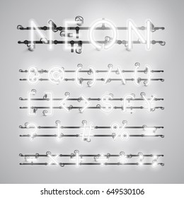 White neon character font set on gray background, vector illustration